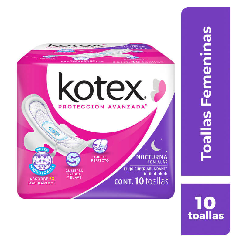 Toalla Femenina Kotex Proteccion avanzada  Nocturna con/alas Cont. 10pz.